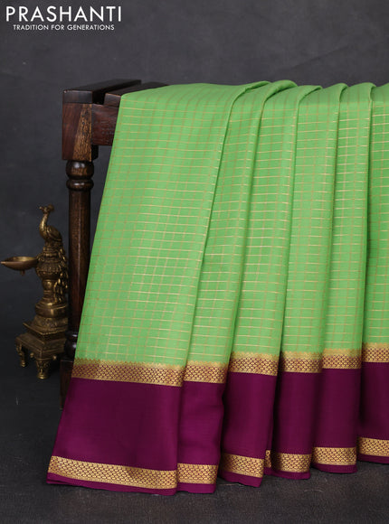 Pure mysore silk saree pista green and purple with allover zari woven checked pattern and rettapet zari woven border