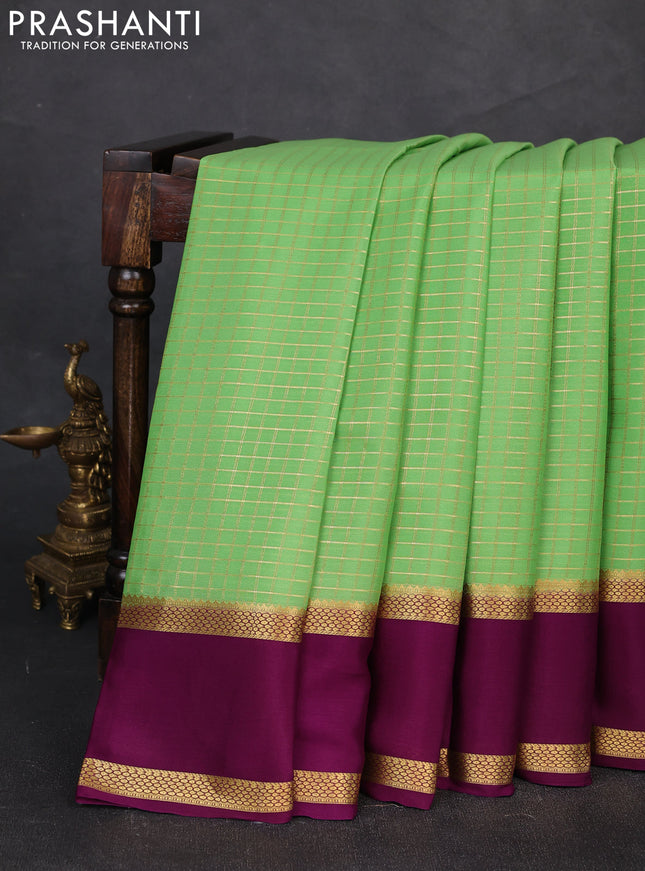 Pure mysore silk saree pista green and purple with allover zari woven checked pattern and rettapet zari woven border