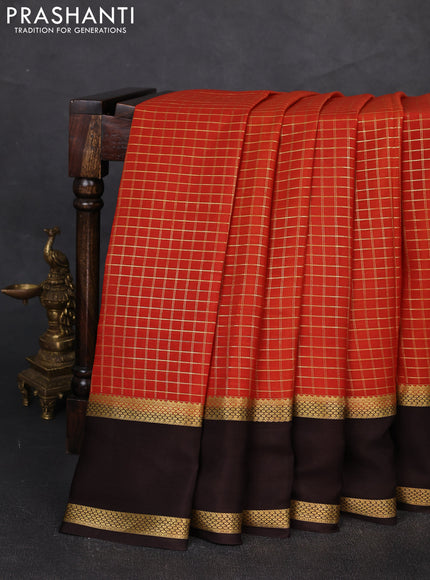 Pure mysore silk saree rust shade and coffee brown with allover zari woven checked pattern and rettapet zari woven border