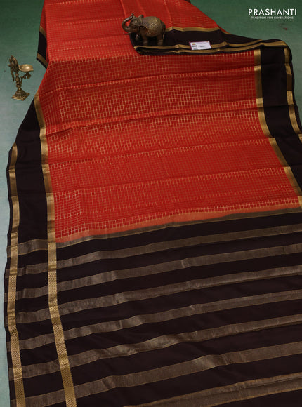 Pure mysore silk saree rust shade and coffee brown with allover zari woven checked pattern and rettapet zari woven border