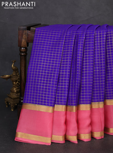 Pure mysore silk saree blue and peach pink with allover zari woven checked pattern and rettapet zari woven border