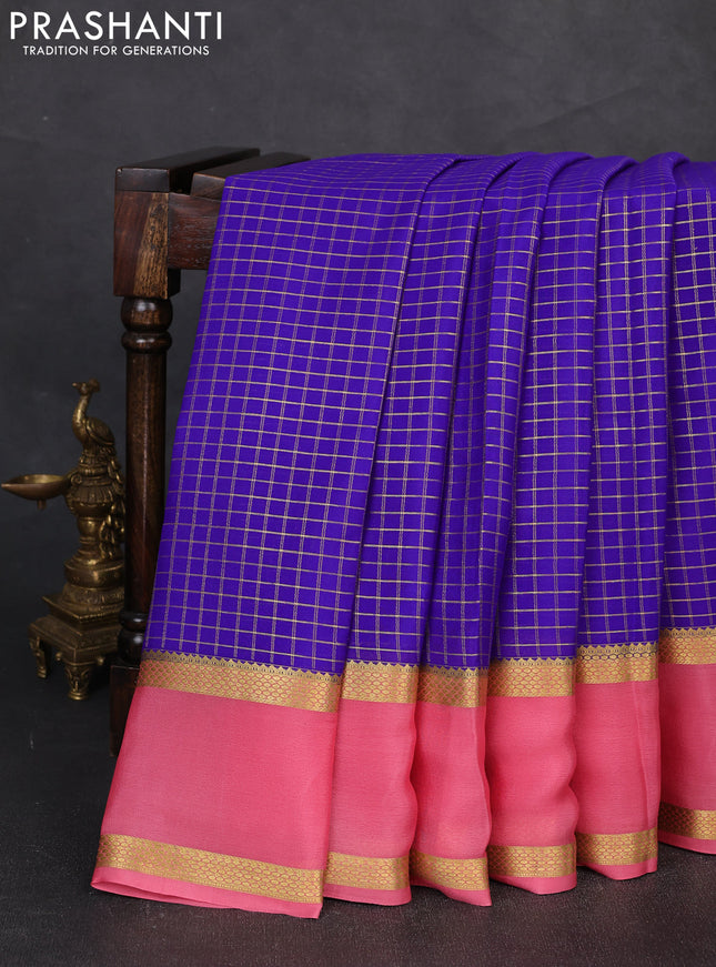 Pure mysore silk saree blue and peach pink with allover zari woven checked pattern and rettapet zari woven border