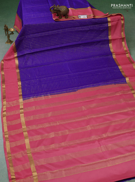 Pure mysore silk saree blue and peach pink with allover zari woven checked pattern and rettapet zari woven border