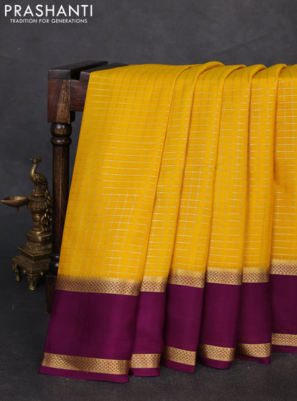 Pure mysore silk saree yellow and purple with allover zari woven checked pattern and rettapet zari woven border