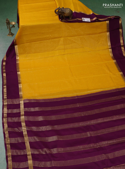 Pure mysore silk saree yellow and purple with allover zari woven checked pattern and rettapet zari woven border