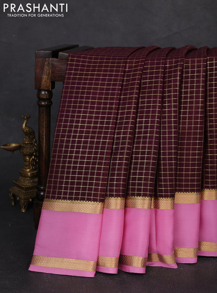 Pure mysore silk saree wine shade and light pink with allover zari woven checked pattern and rettapet zari woven border