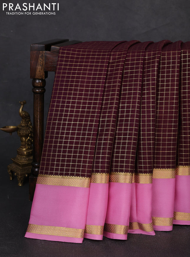 Pure mysore silk saree wine shade and light pink with allover zari woven checked pattern and rettapet zari woven border