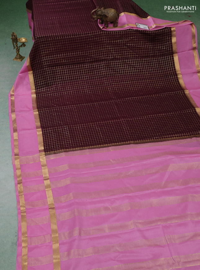 Pure mysore silk saree wine shade and light pink with allover zari woven checked pattern and rettapet zari woven border