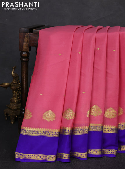Pure mysore silk saree peach pink and blue with zari woven buttas and rettapet zari woven border