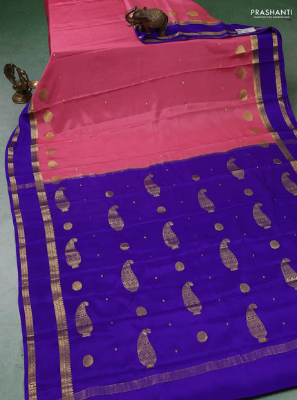 Pure mysore silk saree peach pink and blue with zari woven buttas and rettapet zari woven border