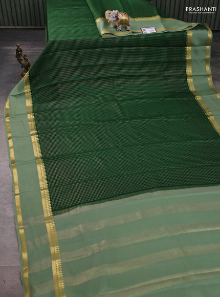 Pure mysore silk saree bottle green and pastel green with allover zari woven checked pattern and rettapet zari woven border