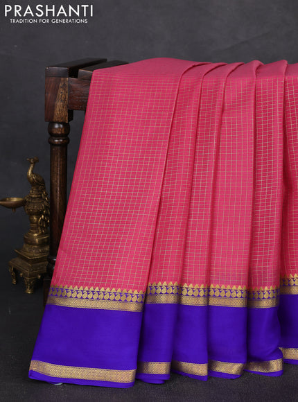 Pure mysore silk saree pink shade and blue with allover zari woven checked pattern and rettapet zari woven border