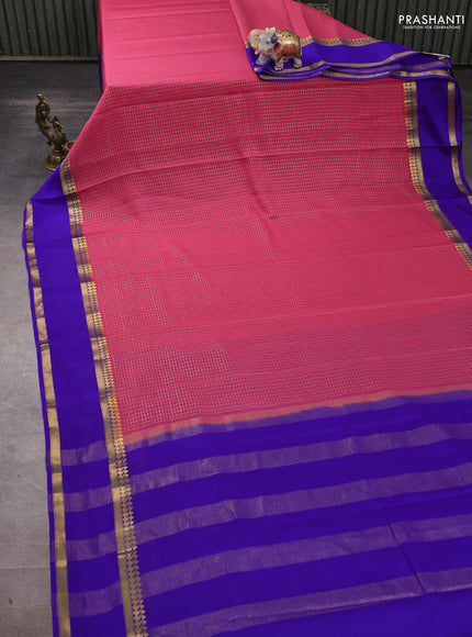 Pure mysore silk saree pink shade and blue with allover zari woven checked pattern and rettapet zari woven border
