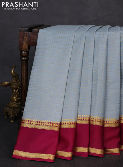 Pure mysore silk saree grey and dark magenta pink with allover zari woven checked pattern and zari woven border
