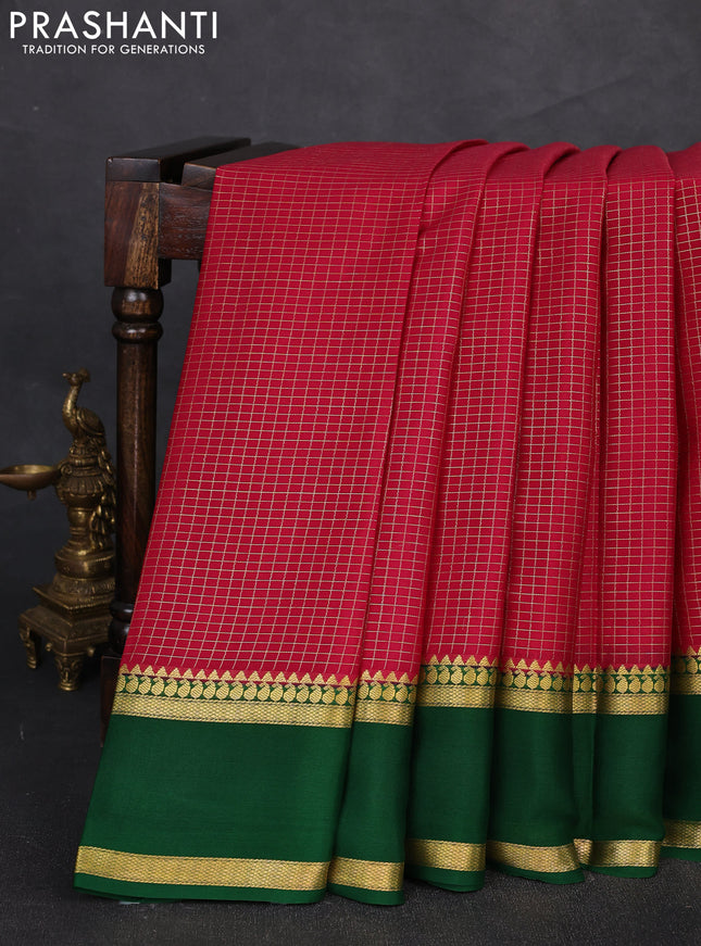 Pure mysore silk saree dark pink and green with allover zari woven checked pattern and zari woven border