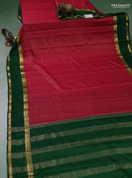 Pure mysore silk saree dark pink and green with allover zari woven checked pattern and zari woven border