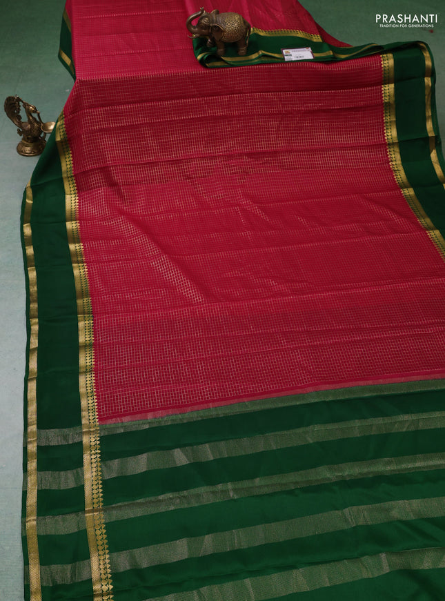 Pure mysore silk saree dark pink and green with allover zari woven checked pattern and zari woven border