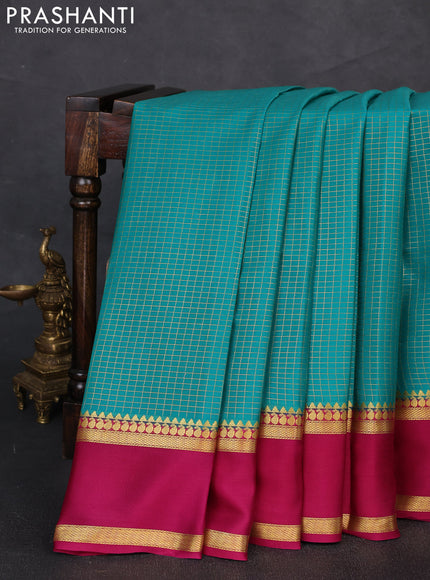 Pure mysore silk saree teal green and dark pink with allover zari woven checked pattern and zari woven border