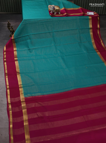 Pure mysore silk saree teal green and dark pink with allover zari woven checked pattern and zari woven border