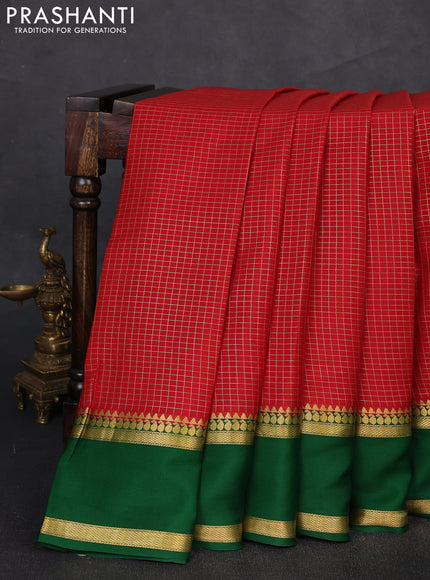 Pure mysore silk saree red and green with allover zari woven checked pattern and zari woven border