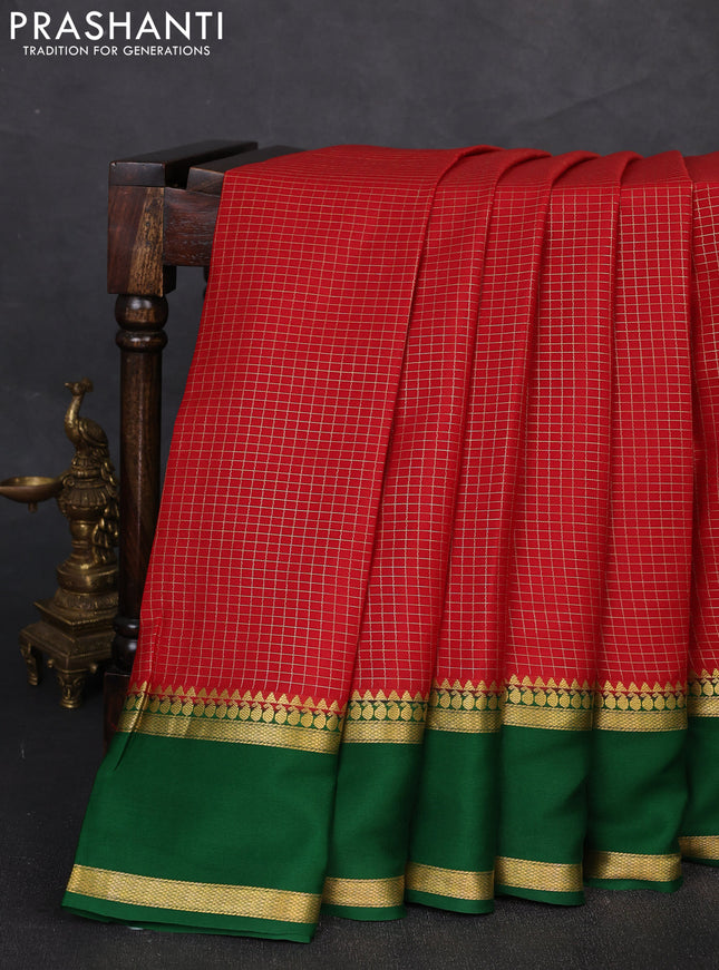 Pure mysore silk saree red and green with allover zari woven checked pattern and zari woven border