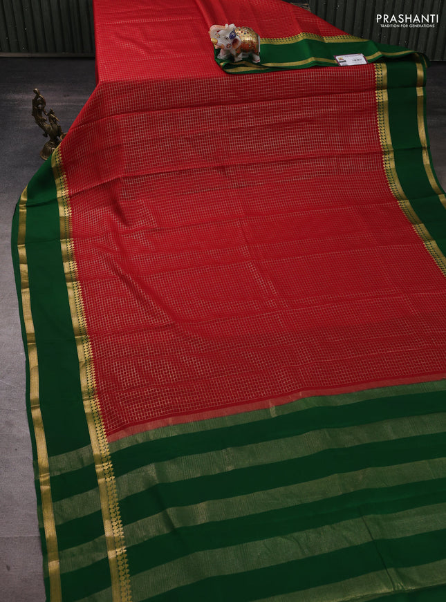 Pure mysore silk saree red and green with allover zari woven checked pattern and zari woven border