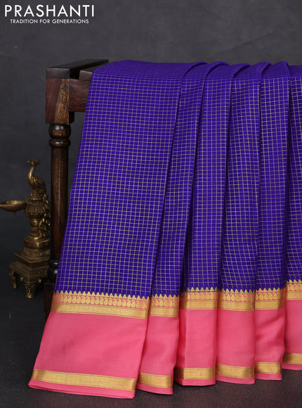 Pure mysore silk saree blue and peach pink with allover zari woven checked pattern and zari woven border