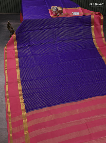 Pure mysore silk saree blue and peach pink with allover zari woven checked pattern and zari woven border