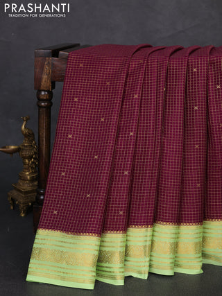 Pure mysore silk saree wine shade and pista green with allover zari checks & buttas and zari woven border