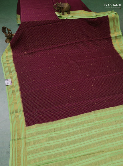 Pure mysore silk saree wine shade and pista green with allover zari checks & buttas and zari woven border