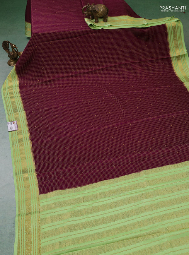 Pure mysore silk saree wine shade and pista green with allover zari checks & buttas and zari woven border