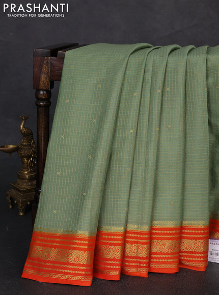 Pure mysore silk saree pastel green and orange with allover zari checks & buttas and zari woven border