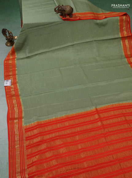 Pure mysore silk saree pastel green and orange with allover zari checks & buttas and zari woven border
