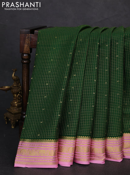 Pure mysore silk saree bottle green and light pink with allover zari checks & buttas and zari woven border