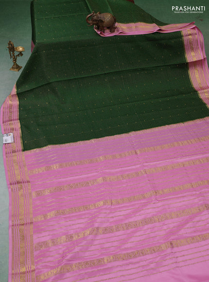 Pure mysore silk saree bottle green and light pink with allover zari checks & buttas and zari woven border