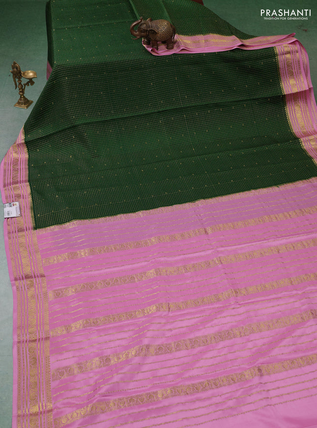 Pure mysore silk saree bottle green and light pink with allover zari checks & buttas and zari woven border