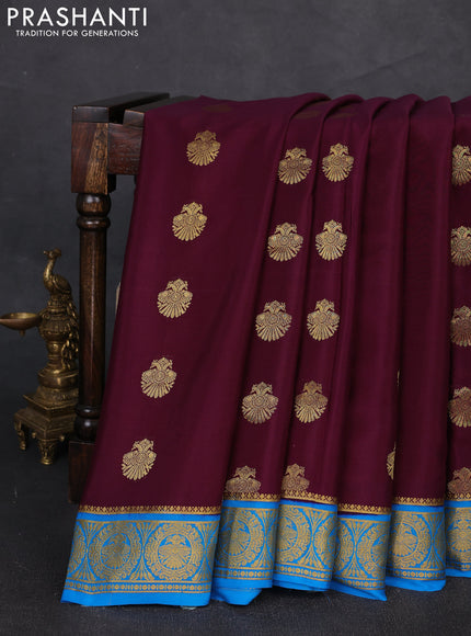 Pure mysore silk saree wine shade and cs blue with zari woven buttas and zari woven border