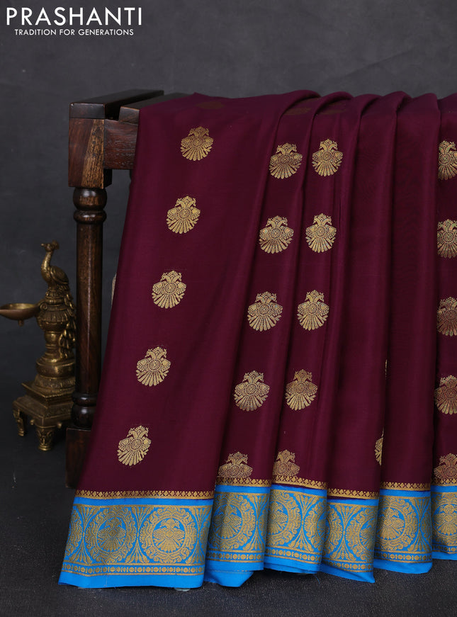 Pure mysore silk saree wine shade and cs blue with zari woven buttas and zari woven border