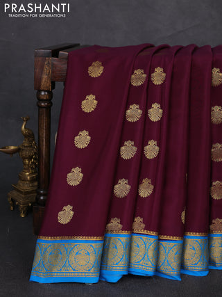 Pure mysore silk saree wine shade and cs blue with zari woven buttas and zari woven border