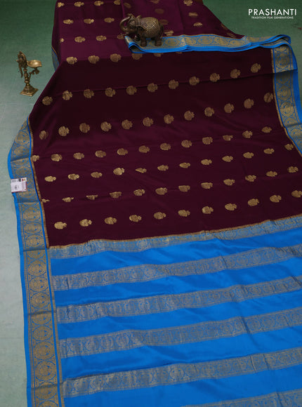 Pure mysore silk saree wine shade and cs blue with zari woven buttas and zari woven border
