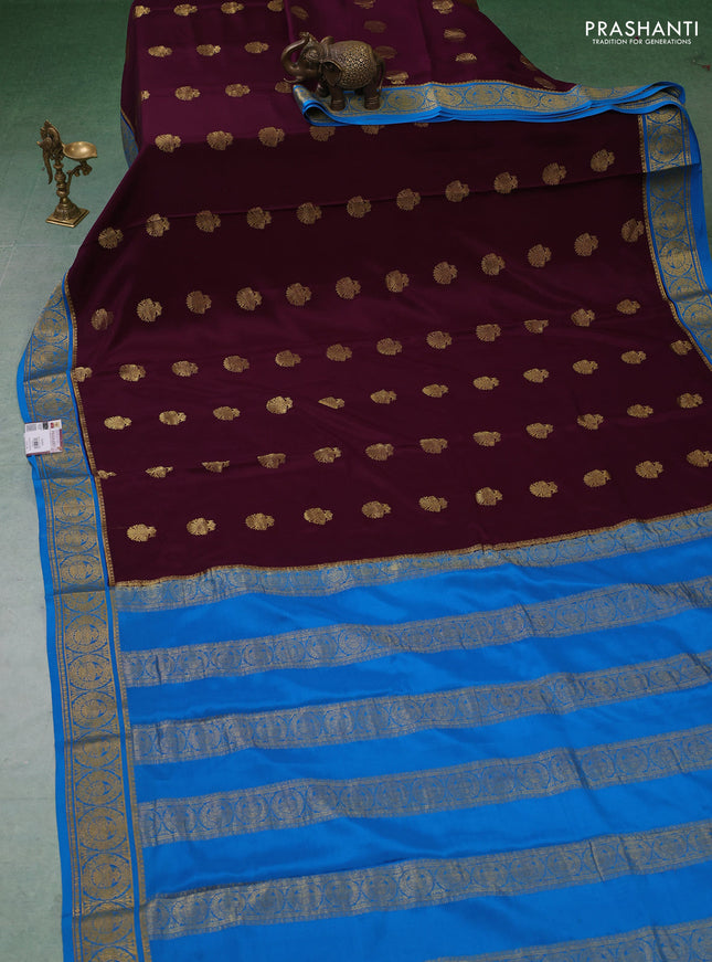 Pure mysore silk saree wine shade and cs blue with zari woven buttas and zari woven border