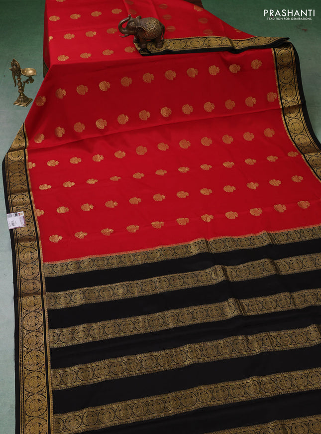 Pure mysore silk saree red and black with zari woven buttas and zari woven border