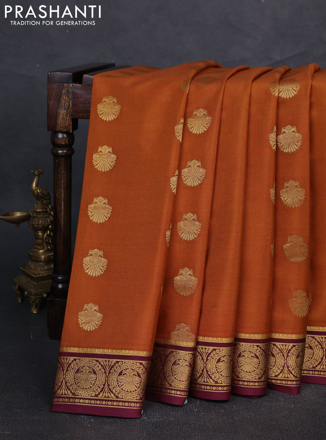 Pure mysore silk saree dark mustard and wine shade with zari woven buttas and zari woven border