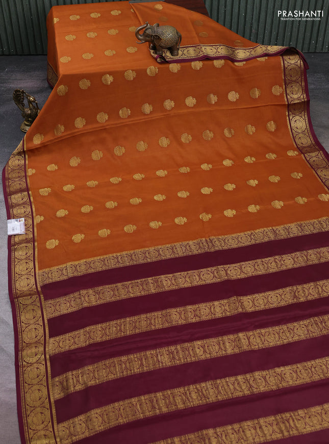 Pure mysore silk saree dark mustard and wine shade with zari woven buttas and zari woven border