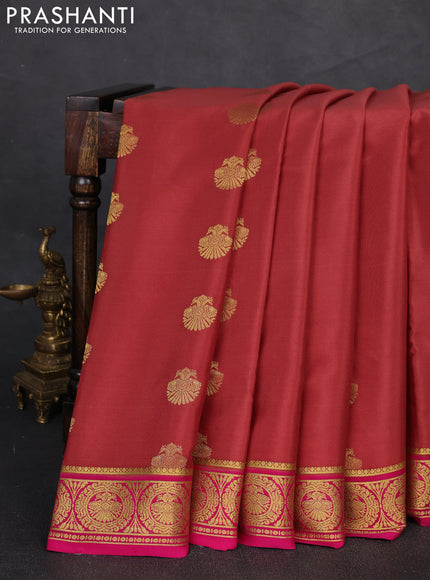 Pure mysore silk saree dark peach and pink with zari woven buttas and zari woven border