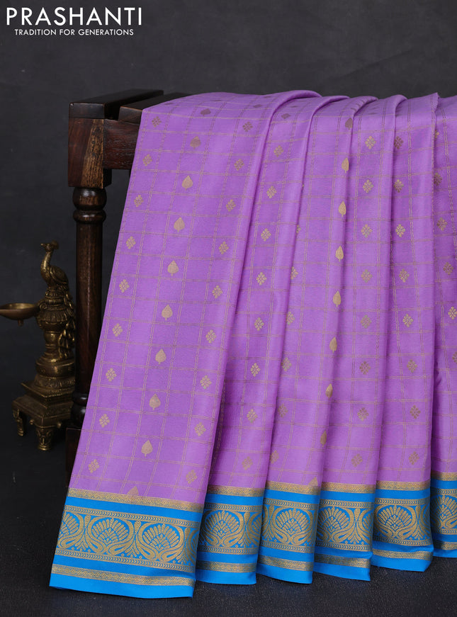 Pure mysore silk saree lavender and cs blue with allover zari checks & buttas and zari woven border