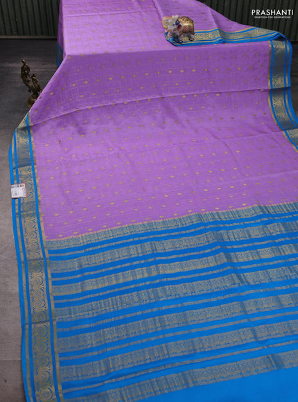 Pure mysore silk saree lavender and cs blue with allover zari checks & buttas and zari woven border