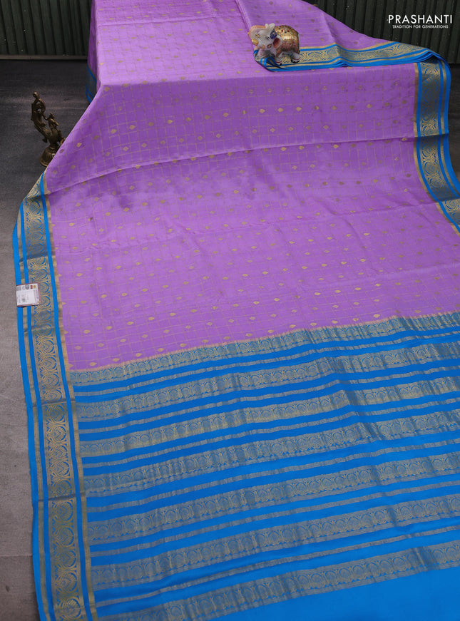 Pure mysore silk saree lavender and cs blue with allover zari checks & buttas and zari woven border