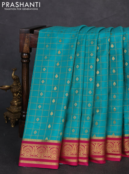 Pure mysore silk saree teal green and pink with allover zari checks & buttas and zari woven border