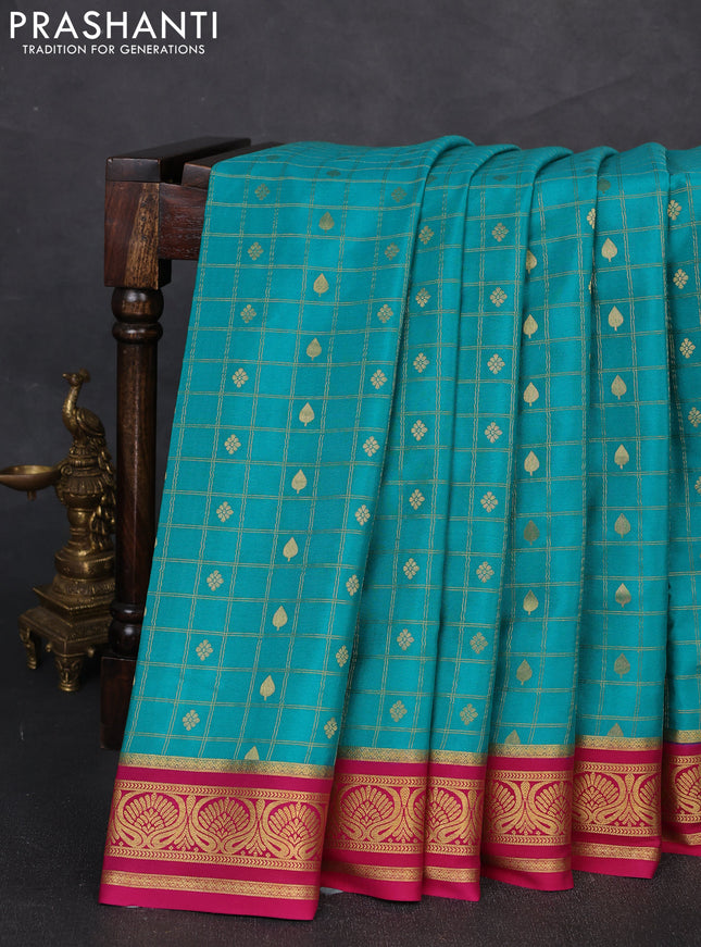 Pure mysore silk saree teal green and pink with allover zari checks & buttas and zari woven border